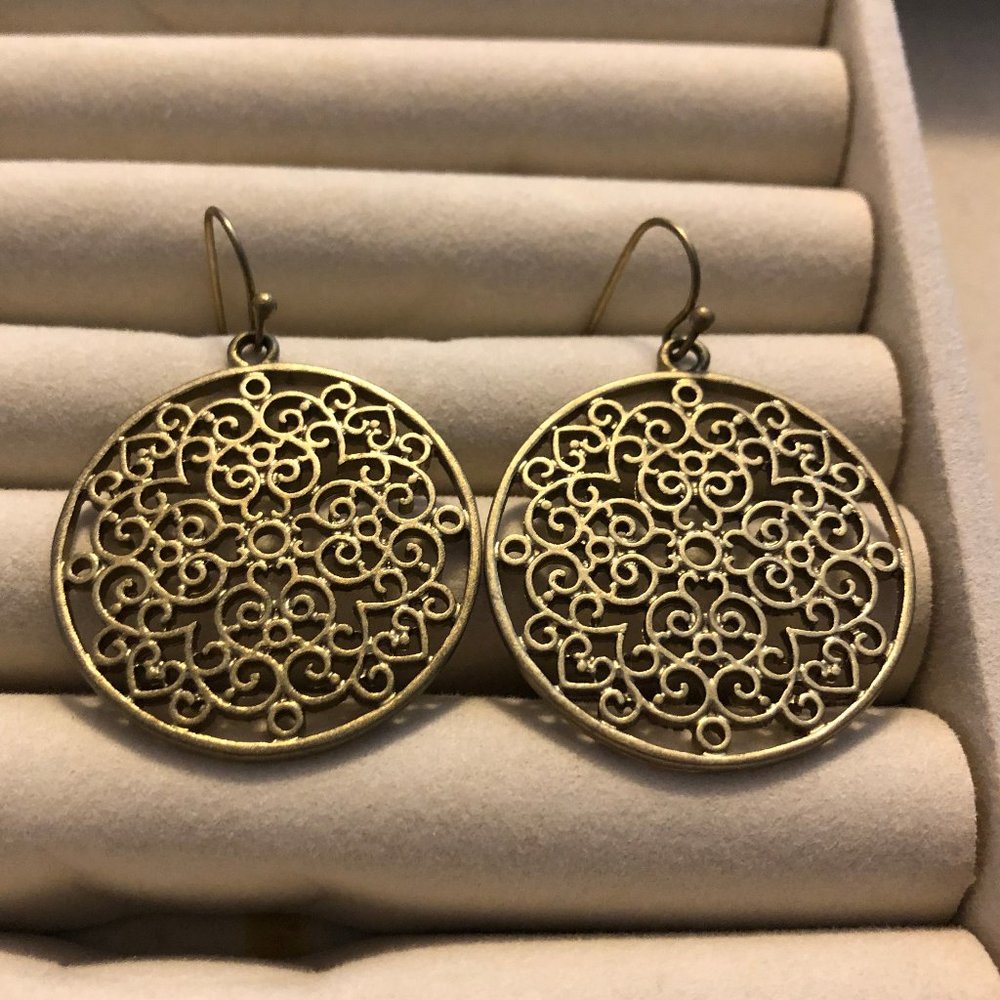 Burnt gold patterned medallion earrings